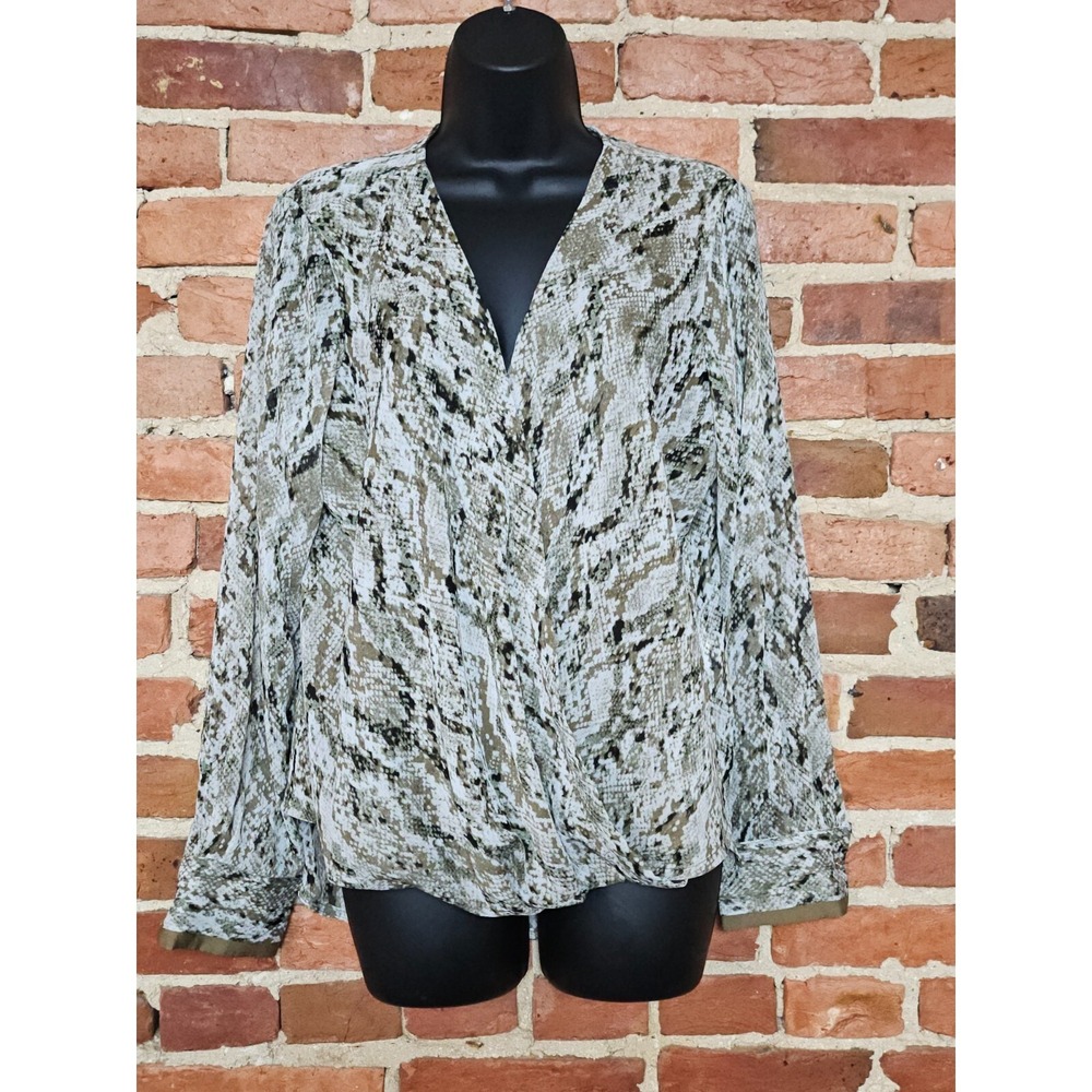 Dkny Top Womens Medium Gray Snake Print Faux-Wrap Long Sleeve Hook & Eye Closure